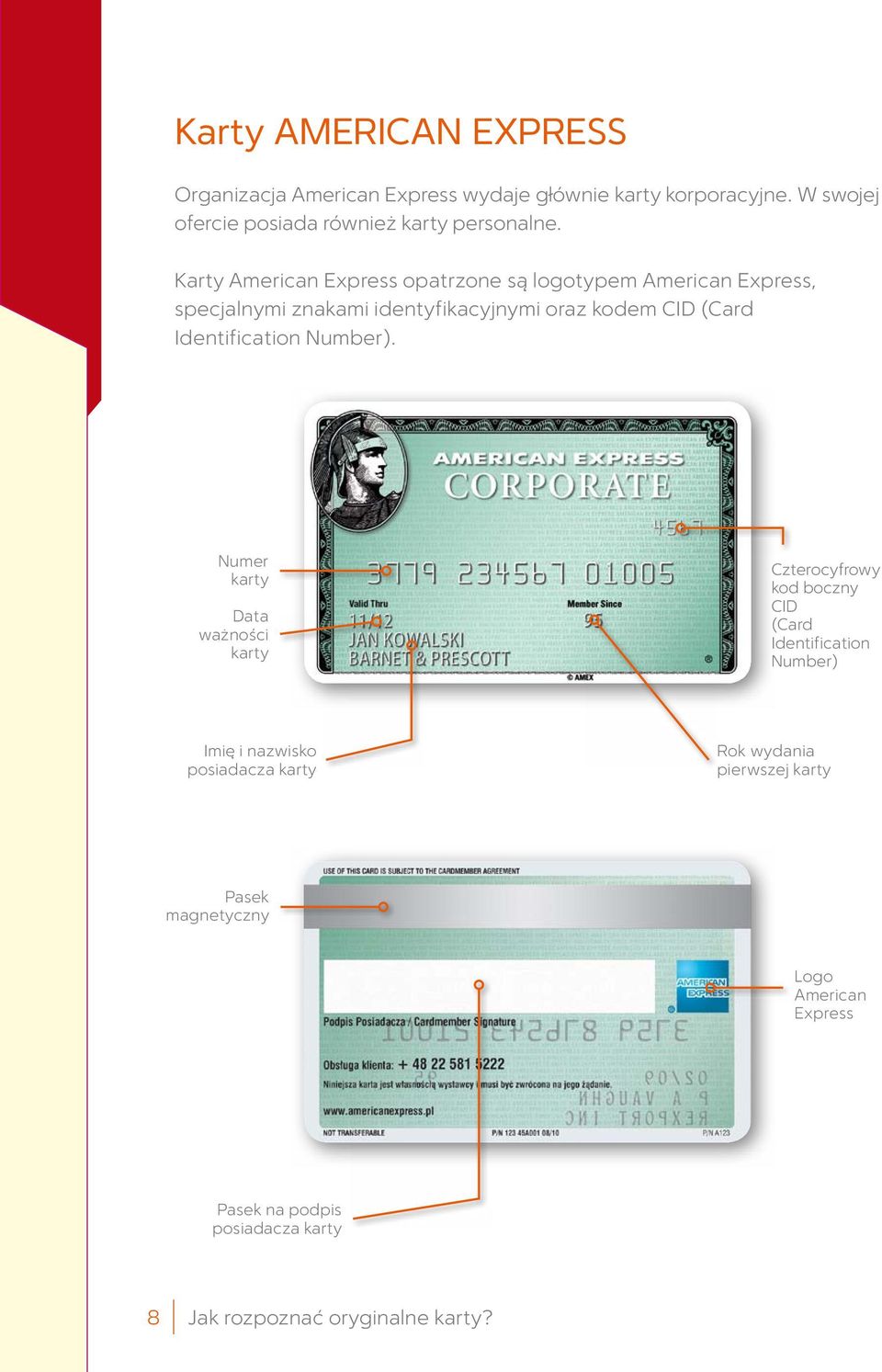 Karty American Express opatrzone są logotypem American Express, specjalnymi znakami identyfikacyjnymi oraz kodem CID (Card