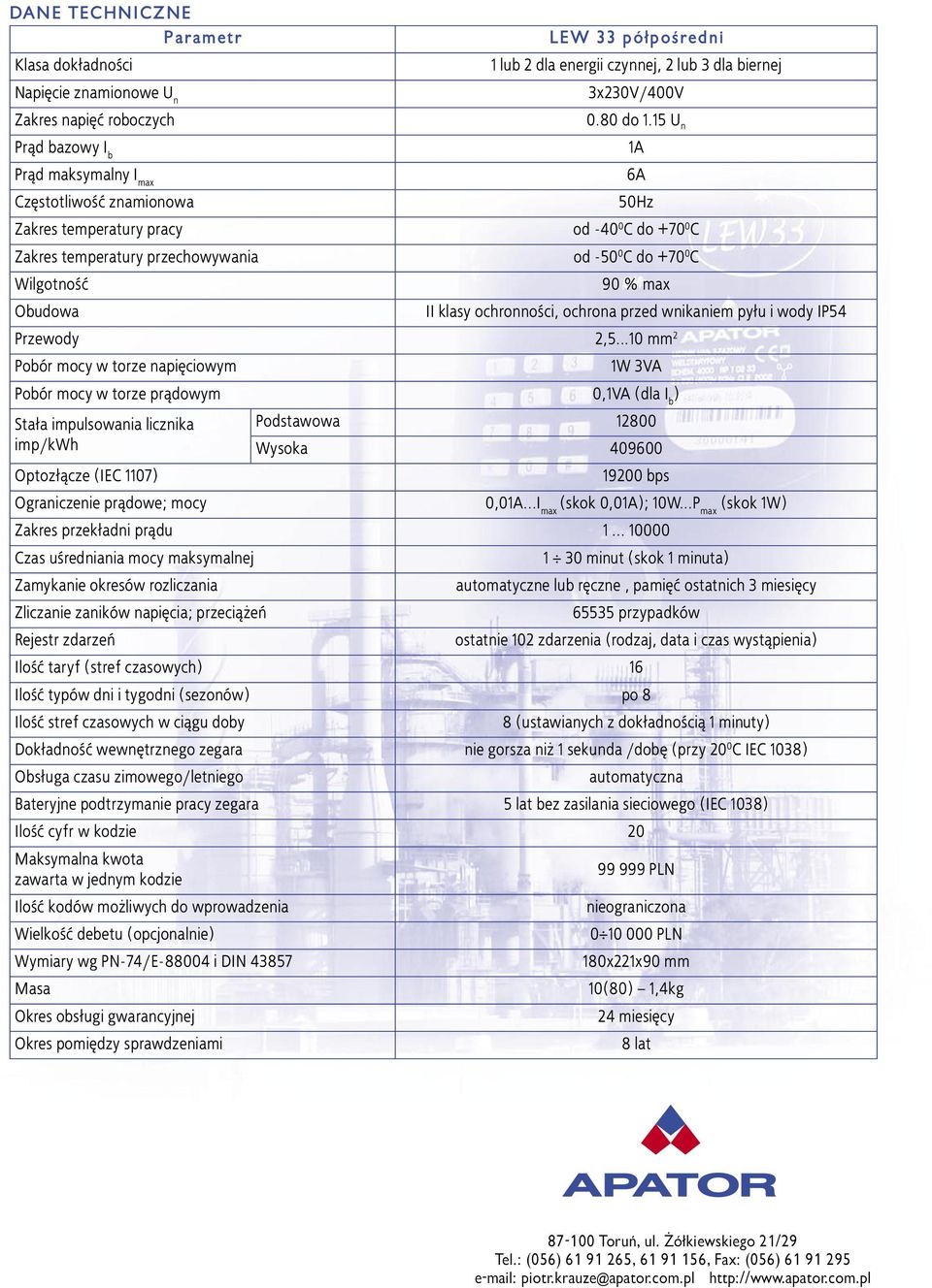 15 U n 1A 6A 50Hz od -40 0 C do +70 0 C od -50 0 C do +70 0 C 90 % max II klasy ochronności, ochrona przed wnikaniem pyłu i wody IP54 Przewody 2,5.