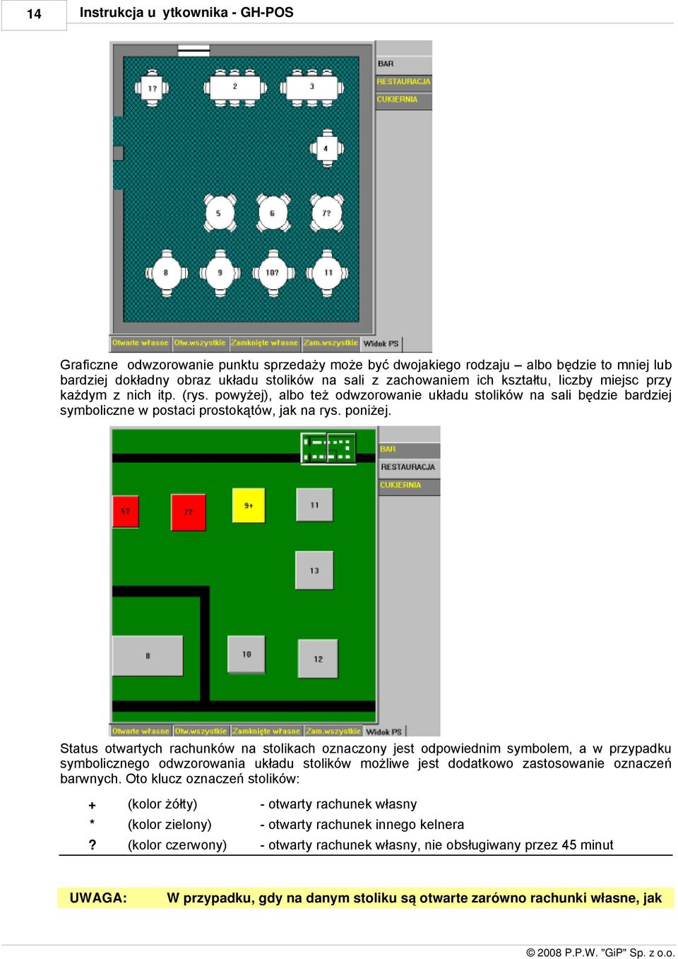 Status otwartych rachunków na stolikach oznaczony jest odpowiednim symbolem, a w przypadku symbolicznego odwzorowania układu stolików możliwe jest dodatkowo zastosowanie oznaczeń barwnych.