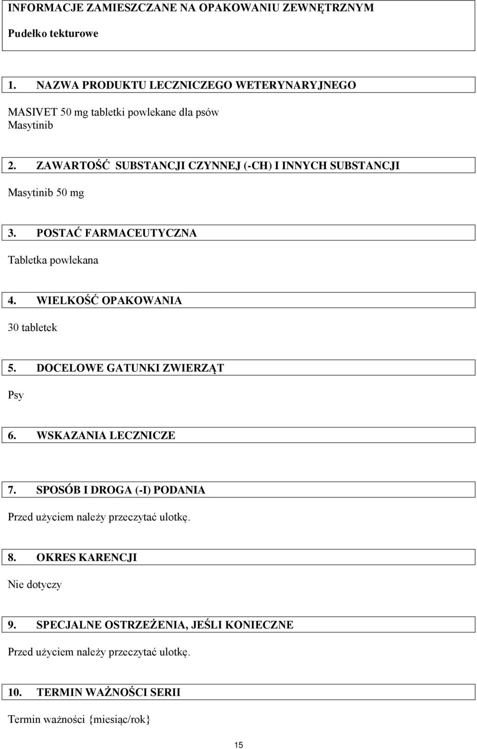 ZAWARTOŚĆ SUBSTANCJI CZYNNEJ (-CH) I INNYCH SUBSTANCJI Masytinib 50 mg 3. POSTAĆ FARMACEUTYCZNA Tabletka powlekana 4. WIELKOŚĆ OPAKOWANIA 30 tabletek 5.