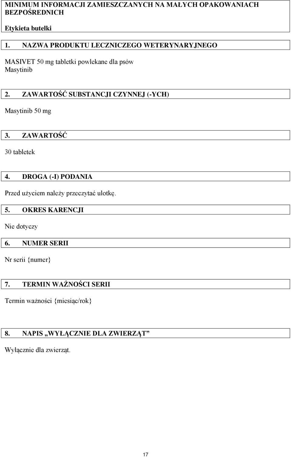 ZAWARTOŚĆ SUBSTANCJI CZYNNEJ (-YCH) Masytinib 50 mg 3. ZAWARTOŚĆ 30 tabletek 4.