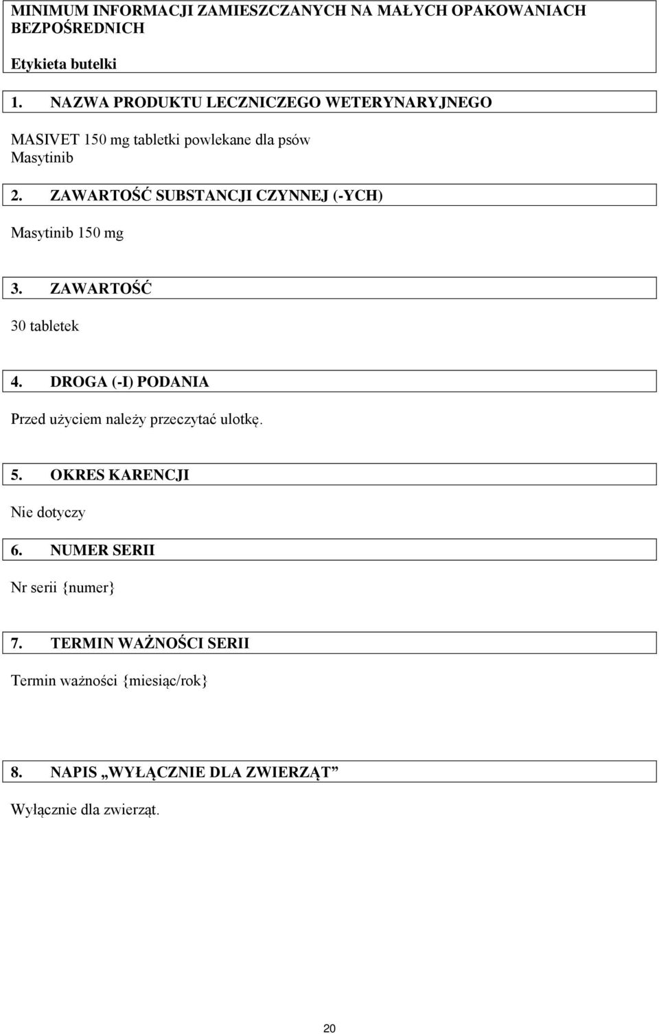 ZAWARTOŚĆ SUBSTANCJI CZYNNEJ (-YCH) Masytinib 150 mg 3. ZAWARTOŚĆ 30 tabletek 4.