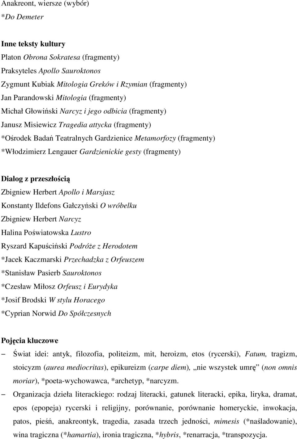 gesty (fragmenty) Zbigniew Herbert Apollo i Marsjasz Konstanty Ildefons Gałczyński O wróbelku Zbigniew Herbert Narcyz Halina Poświatowska Lustro Ryszard Kapuściński Podróże z Herodotem *Jacek