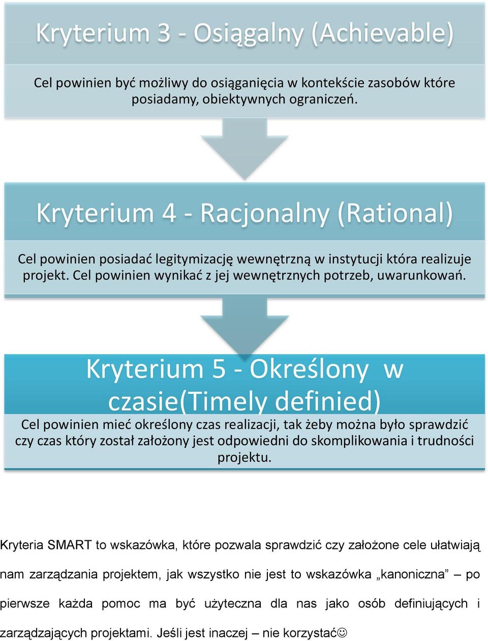 Kryterium 5 - Określony w czasie(timely definied) Cel powinien mied określony czas realizacji, tak żeby można było sprawdzid czy czas który został założony jest odpowiedni do skomplikowania i