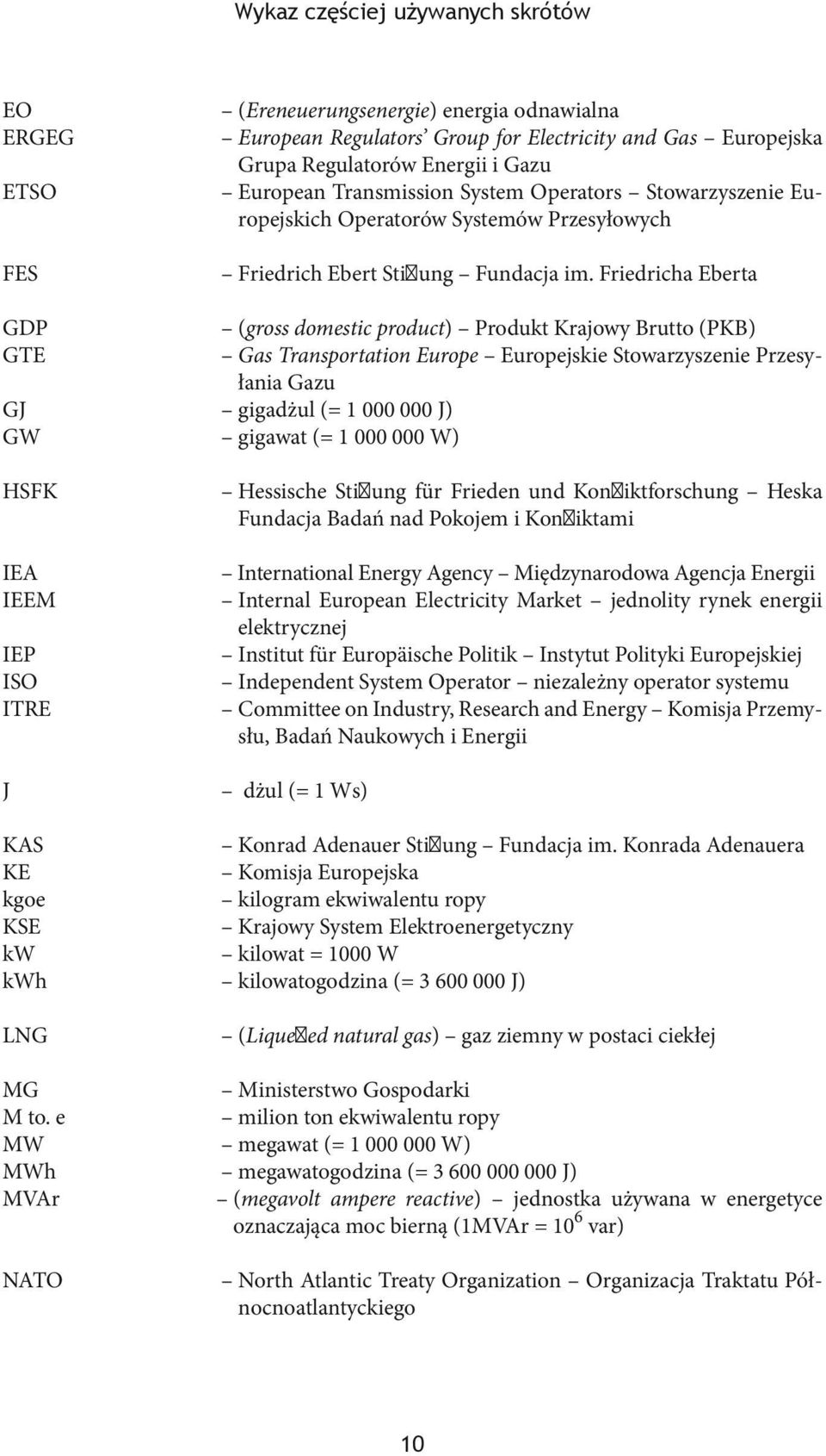 Friedricha Eberta GDP GTE (gross domestic product) Produkt Krajowy Brutto (PKB) Gas Transportation Europe Europejskie Stowarzyszenie Przesyłania Gazu GJ gigadżul (= 1 000 000 J) GW gigawat (= 1 000