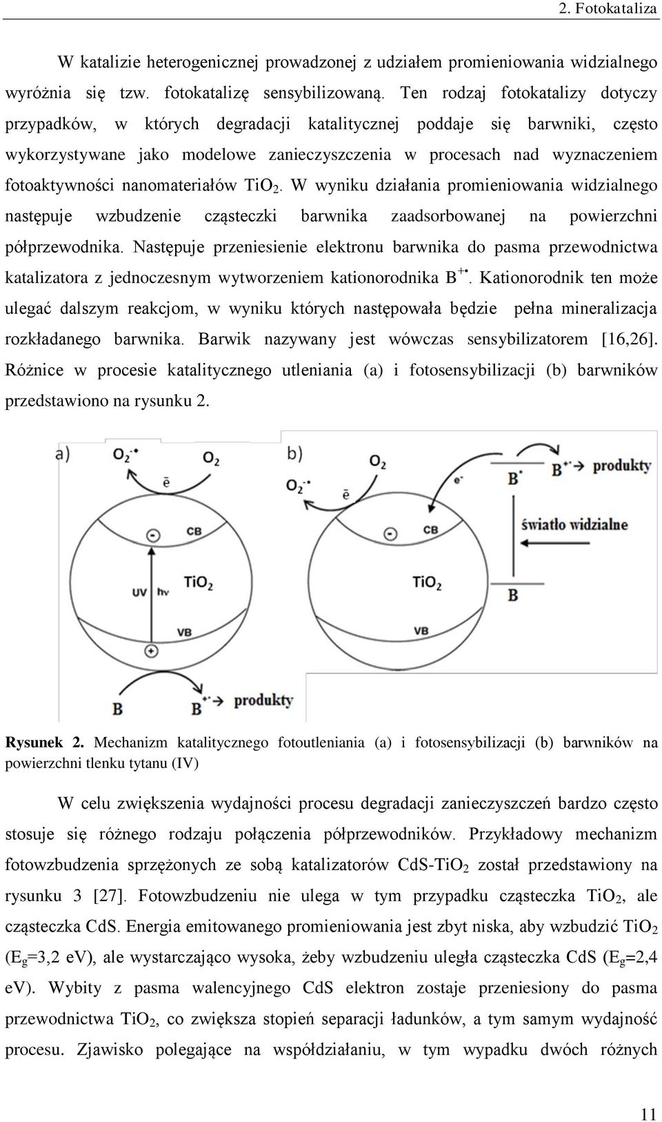 nanomateriałów TiO 2. W wyniku działania promieniowania widzialnego następuje wzbudzenie cząsteczki barwnika zaadsorbowanej na powierzchni półprzewodnika.