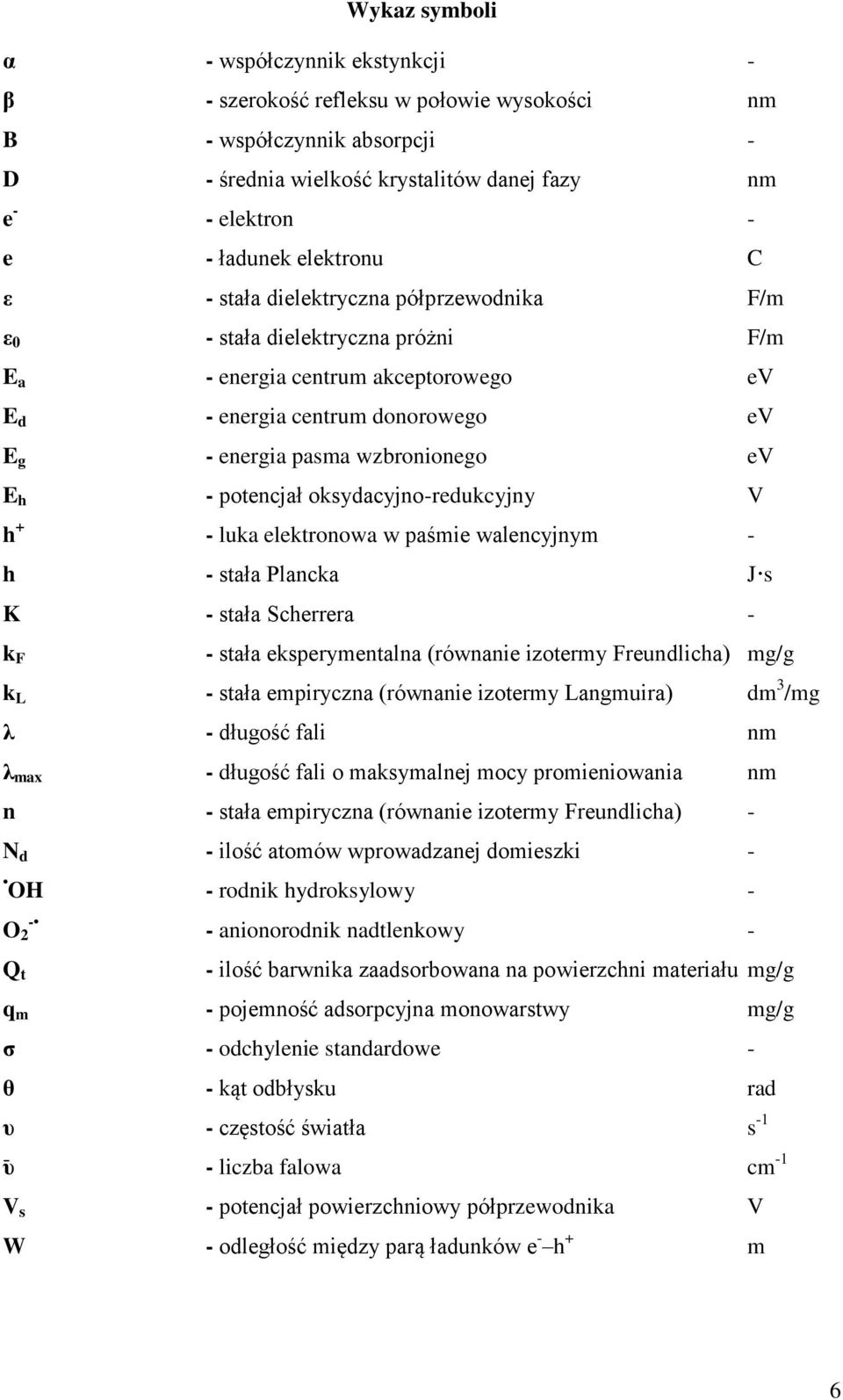 ev E h - potencjał oksydacyjno-redukcyjny V h + - luka elektronowa w paśmie walencyjnym - h - stała Plancka J s K - stała Scherrera - k F - stała eksperymentalna (równanie izotermy Freundlicha) mg/g