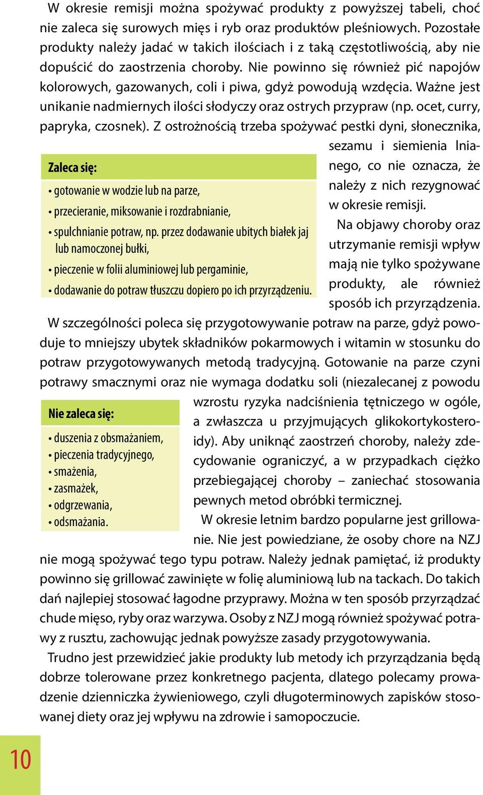 W okresie remisji można spożywać produkty z powyższej tabeli, choć nie zaleca się surowych mięs i ryb oraz produktów pleśniowych.