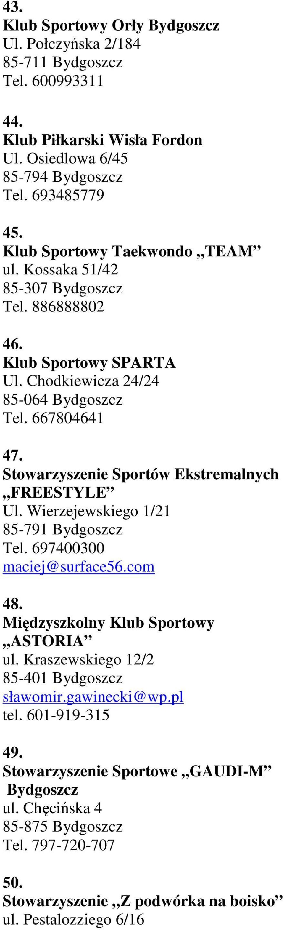 Stowarzyszenie Sportów Ekstremalnych FREESTYLE Ul. Wierzejewskiego 1/21 85-791 Bydgoszcz Tel. 697400300 maciej@surface56.com 48. Międzyszkolny Klub Sportowy ASTORIA ul.