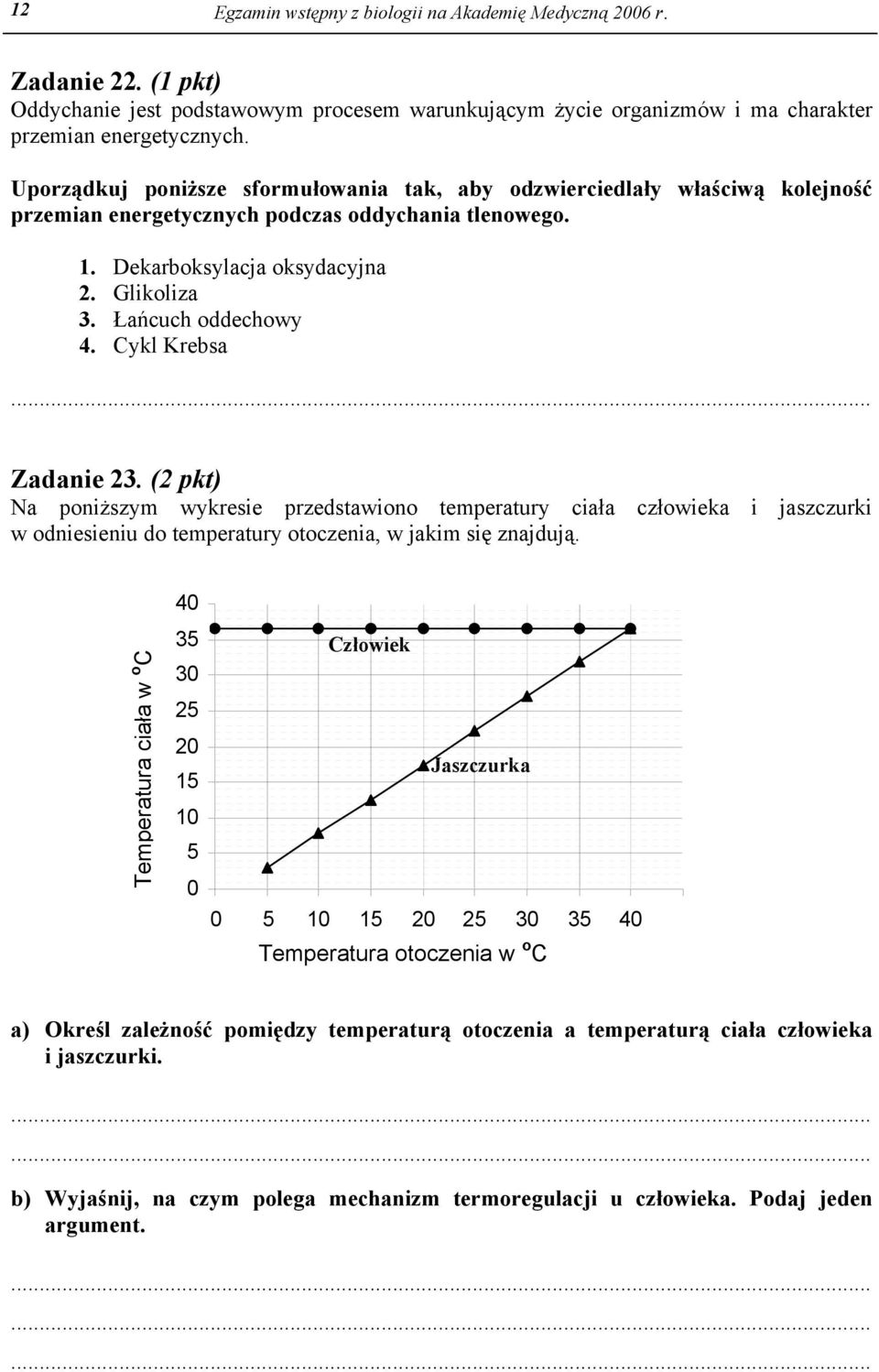 Cykl Krebsa Zadanie 23. (2 pkt) Na poniższym wykresie przedstawiono temperatury ciała człowieka i jaszczurki w odniesieniu do temperatury otoczenia, w jakim się znajdują.