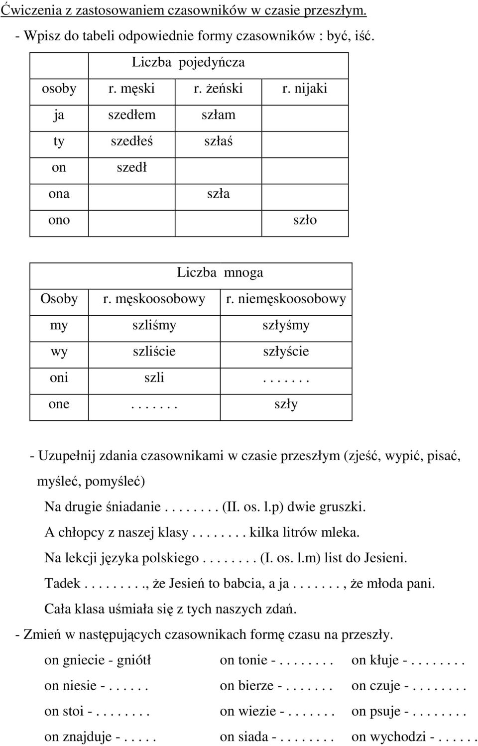 ...... szły - Uzupełnij zdania czasownikami w czasie przeszłym (zjeść, wypić, pisać, myśleć, pomyśleć) Na drugie śniadanie........ (II. os. l.p) dwie gruszki. A chłopcy z naszej klasy.