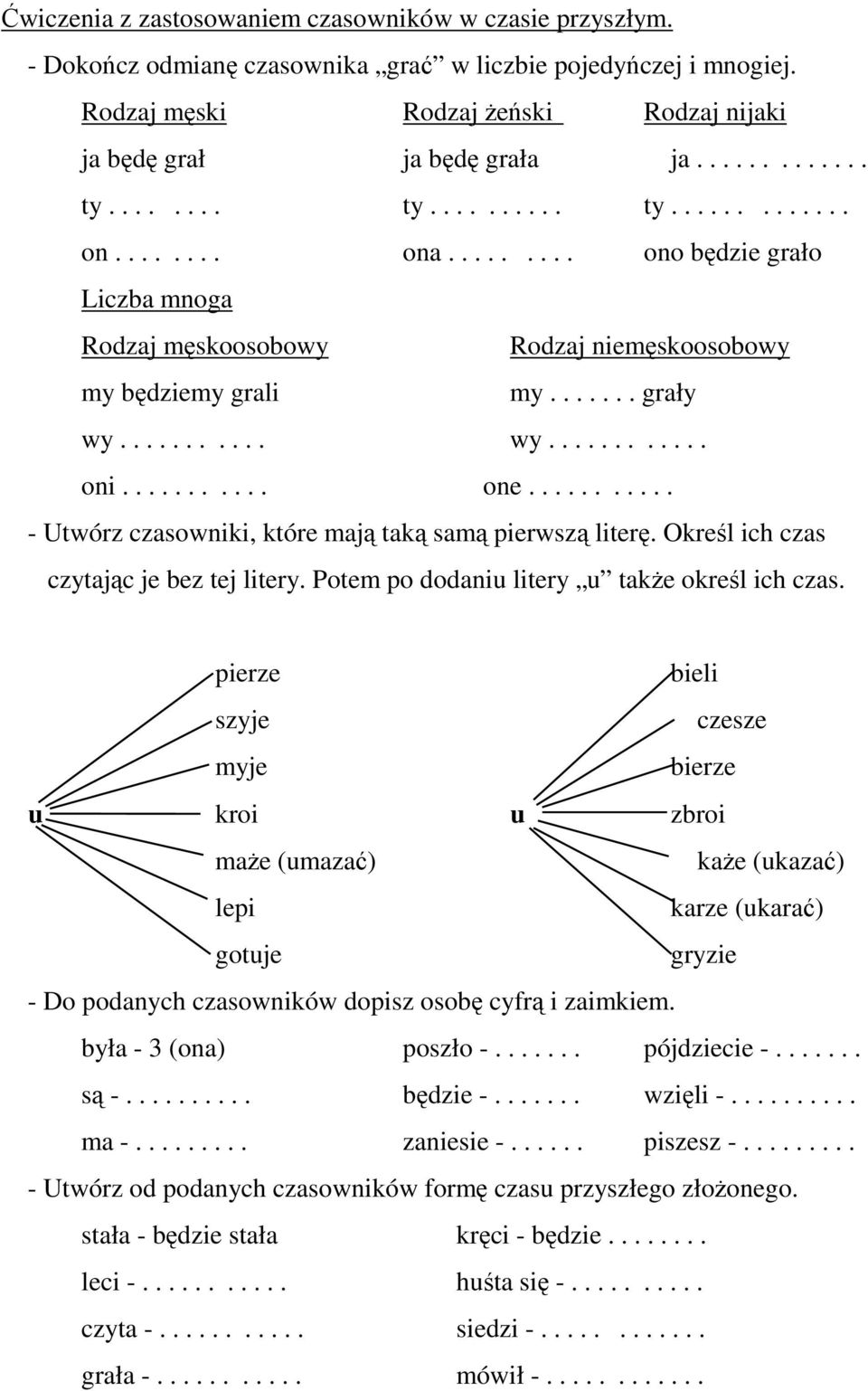 .......... one........... - Utwórz czasowniki, które mają taką samą pierwszą literę. Określ ich czas czytając je bez tej litery. Potem po dodaniu litery u także określ ich czas.
