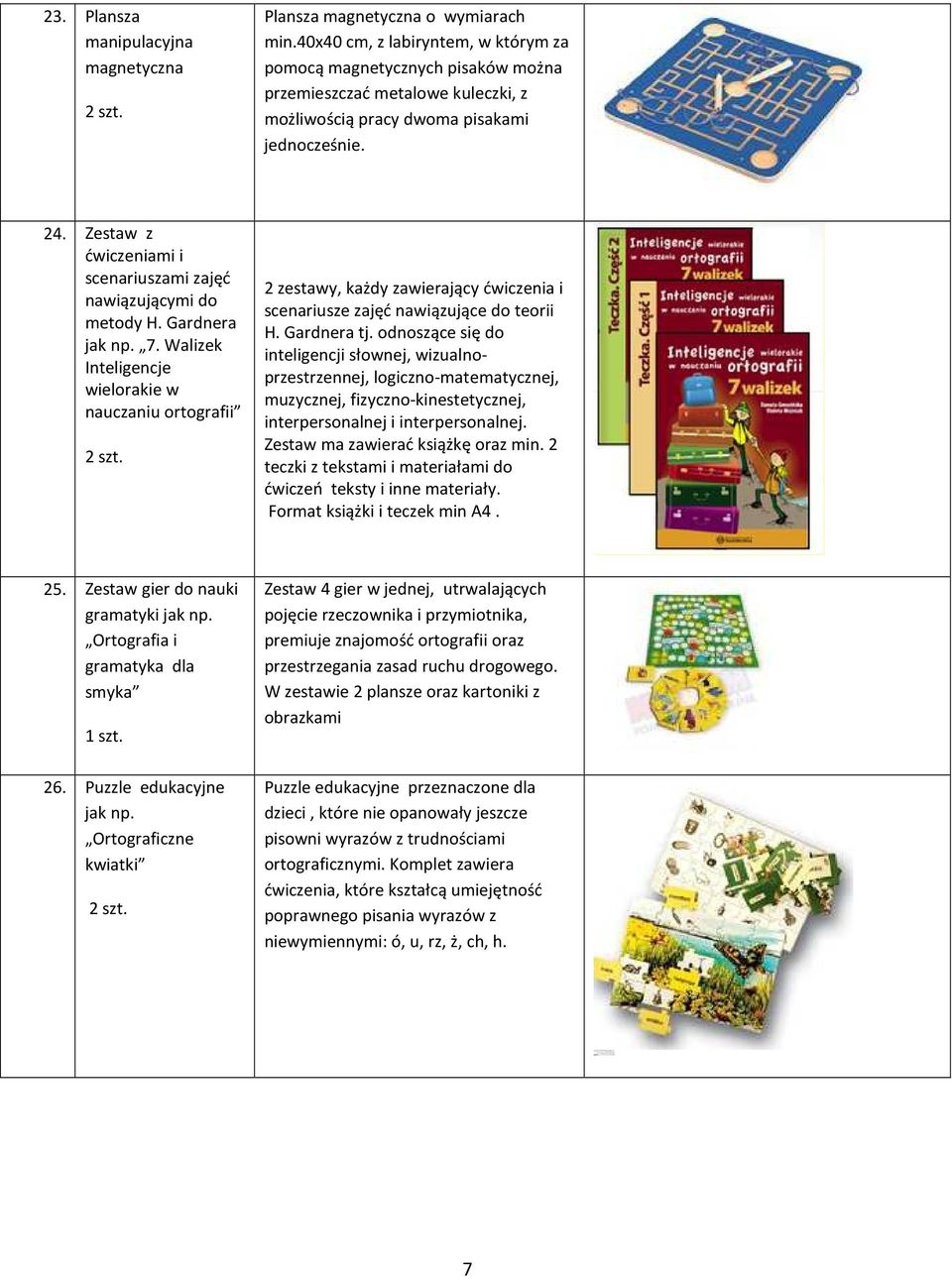 Zestaw z ćwiczeniami i scenariuszami zajęć nawiązującymi do metody H. Gardnera jak np. 7.