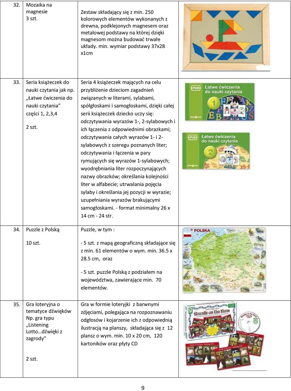 Seria książeczek do nauki czytania jak np. Łatwe ćwiczenia do nauki czytania części 1, 2,3,4 34. Puzzle z Polską 10 szt.