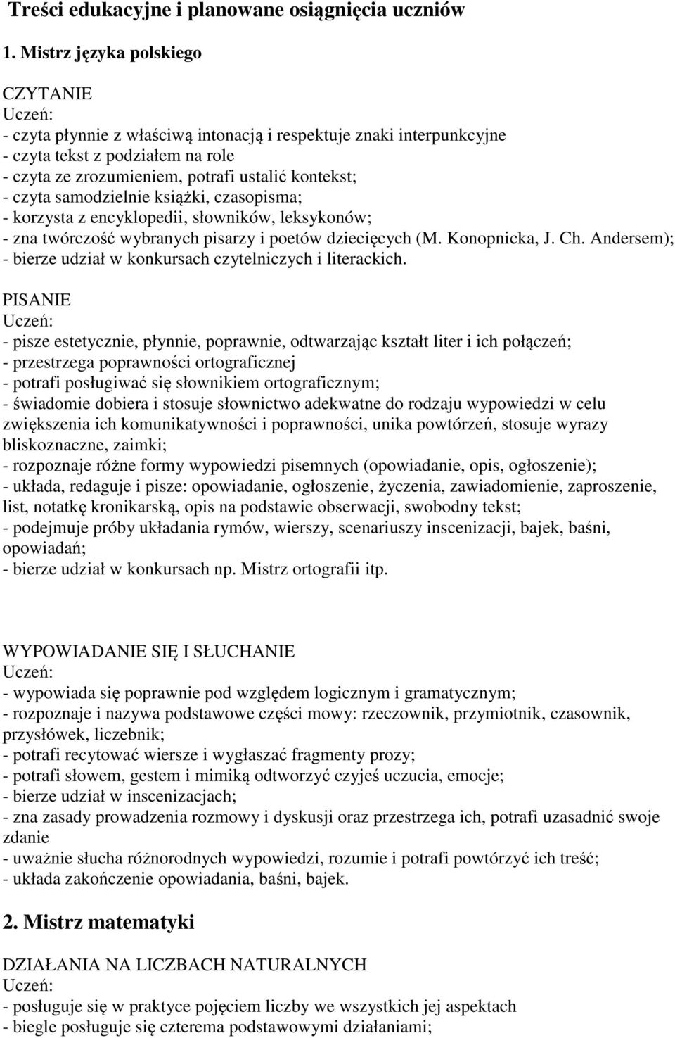 samodzielnie książki, czasopisma; - korzysta z encyklopedii, słowników, leksykonów; - zna twórczość wybranych pisarzy i poetów dziecięcych (M. Konopnicka, J. Ch.