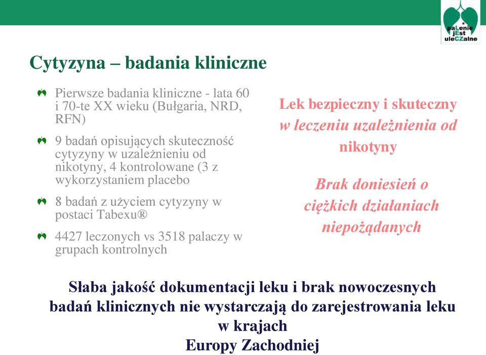 vs 3518 palaczy w grupach kontrolnych Lek bezpieczny i skuteczny w leczeniu uzależnienia od nikotyny Brak doniesień o ciężkich działaniach