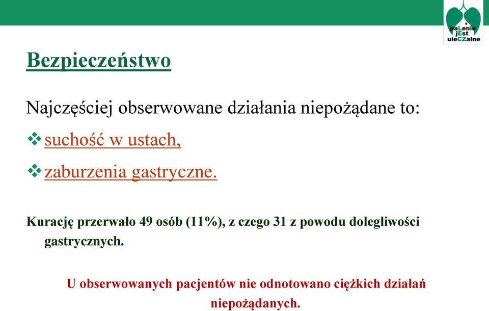 Kurację przerwało 49 osób (11%), z czego 31 z powodu