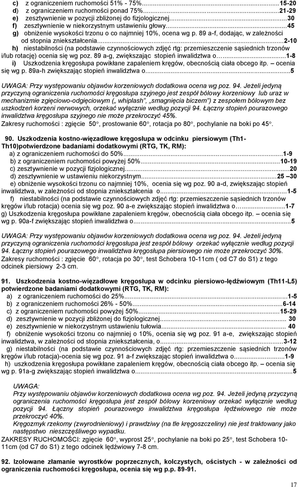 ..2-10 h) niestabilności (na podstawie czynnościowych zdjęć rtg: przemieszczenie sąsiednich trzonów i/lub rotację) ocenia się wg poz. 89 a-g, zwiększając stopień inwalidztwa o.