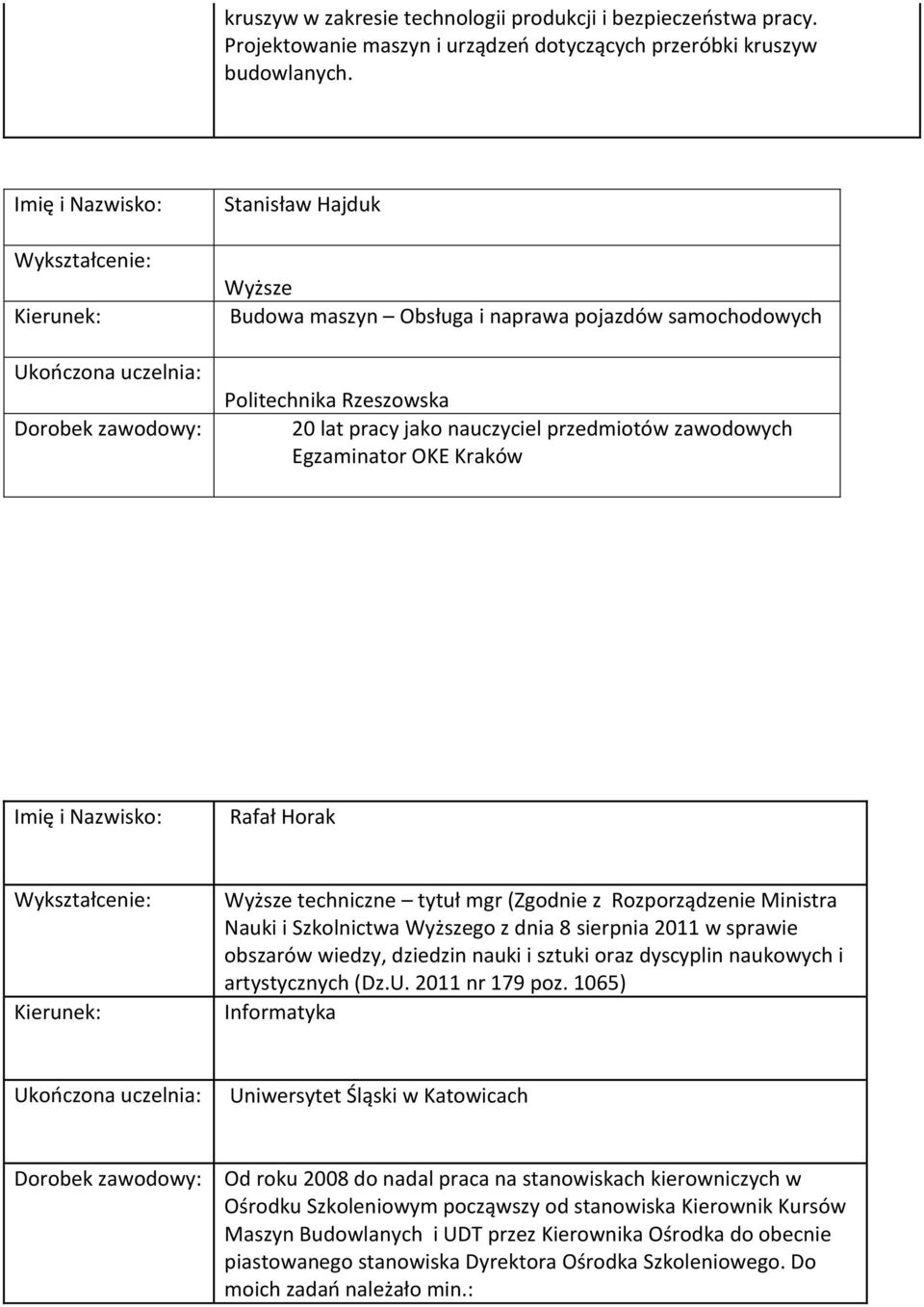 techniczne tytuł mgr (Zgodnie z Rozporządzenie Ministra Nauki i Szkolnictwa Wyższego z dnia 8 sierpnia 2011 w sprawie obszarów wiedzy, dziedzin nauki i sztuki oraz dyscyplin naukowych i artystycznych