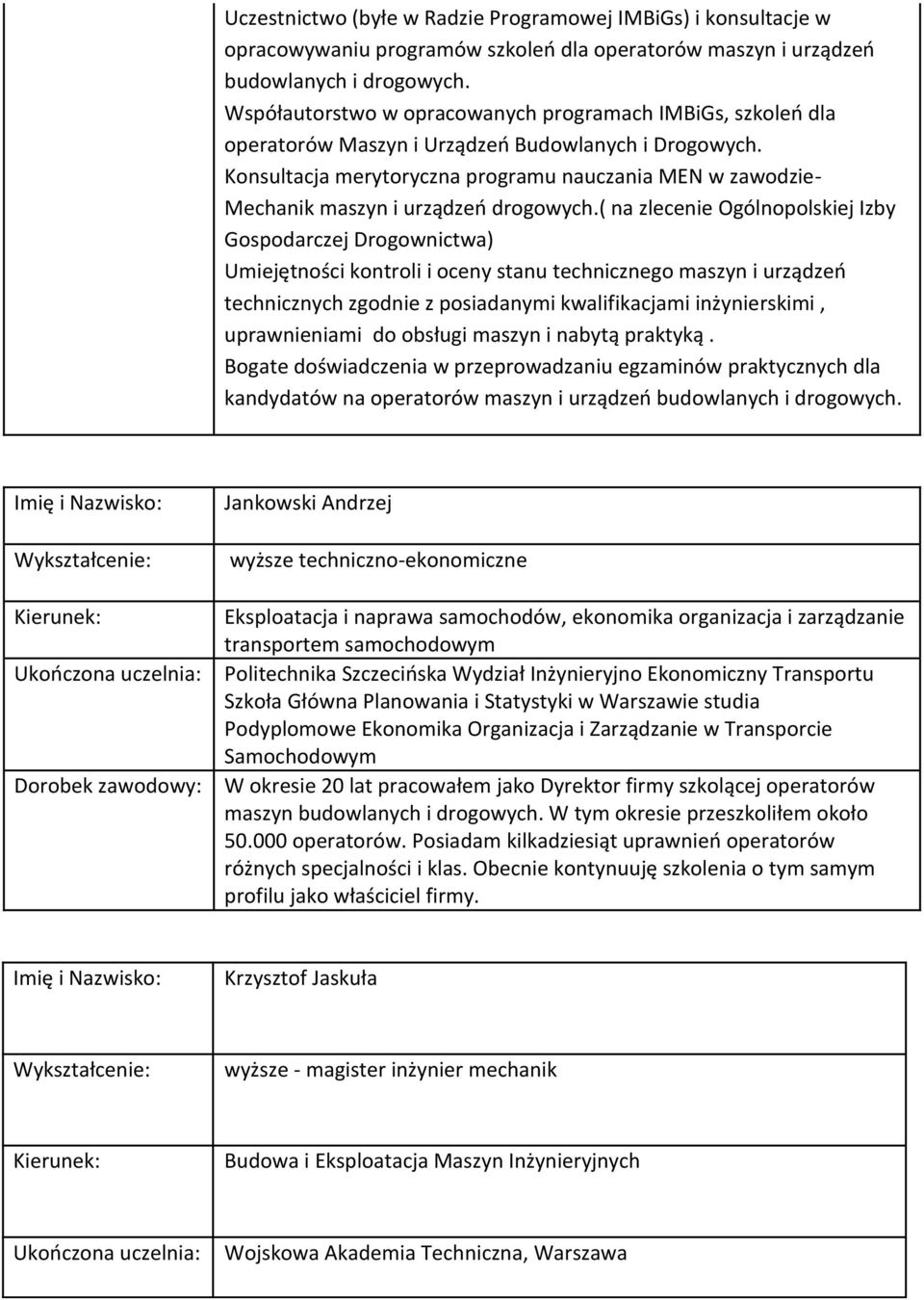 Konsultacja merytoryczna programu nauczania MEN w zawodzie- Mechanik maszyn i urządzeń drogowych.