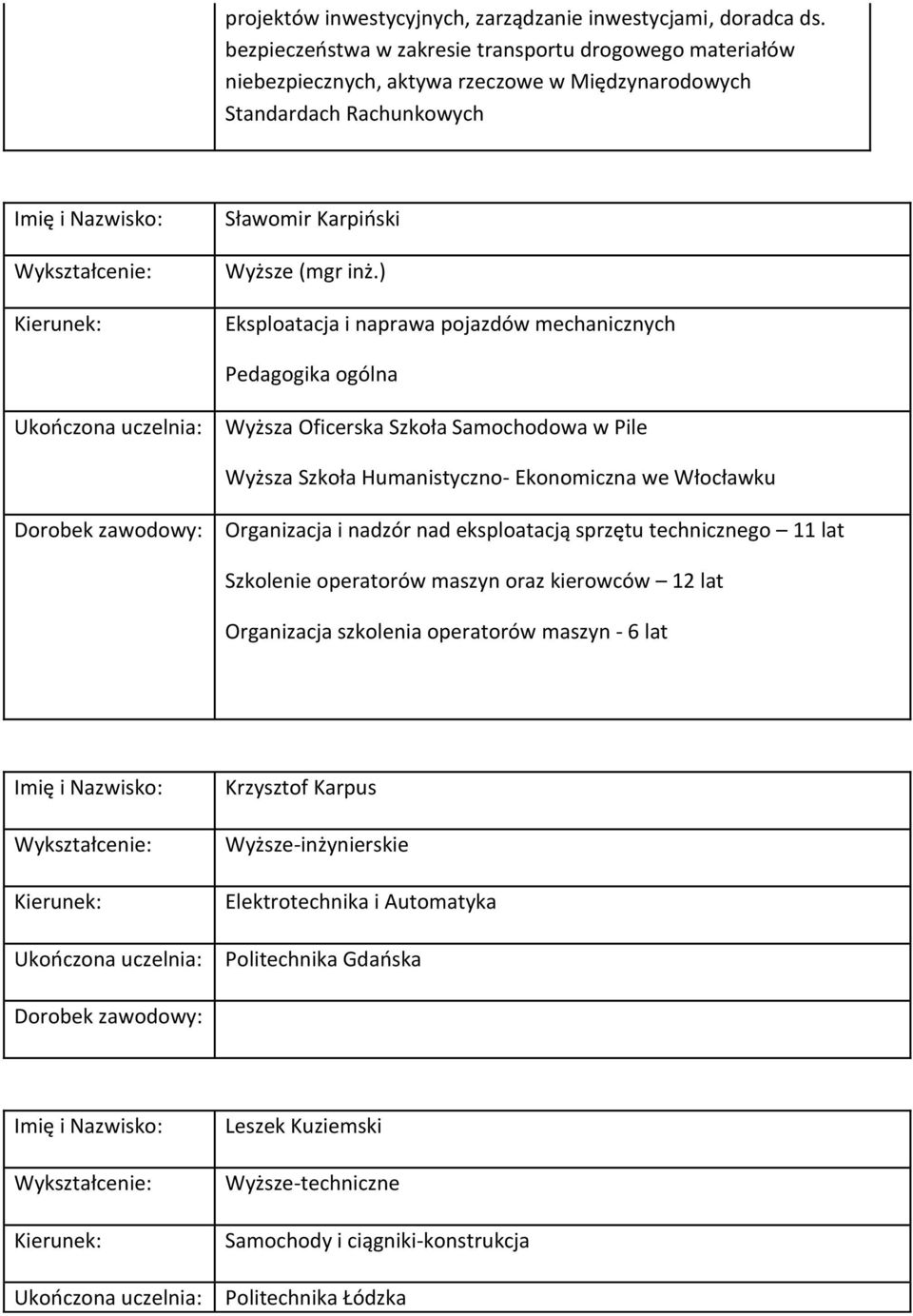 ) Eksploatacja i naprawa pojazdów mechanicznych Pedagogika ogólna Wyższa Oficerska Szkoła Samochodowa w Pile Wyższa Szkoła Humanistyczno- Ekonomiczna we Włocławku Organizacja i nadzór