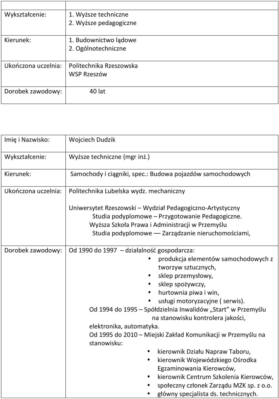 mechaniczny Uniwersytet Rzeszowski Wydział Pedagogiczno-Artystyczny Studia podyplomowe Przygotowanie Pedagogiczne.