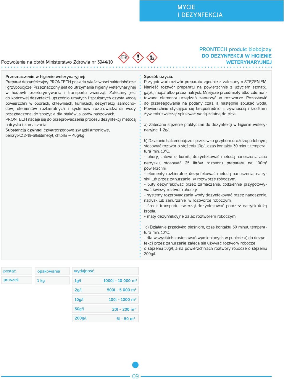 Substancja czynna: benzyl-c12-18-alkildimetyl, chlorki 40g/kg Przeznaczenie w higienie weterynaryjnej: i grzybobójcze.