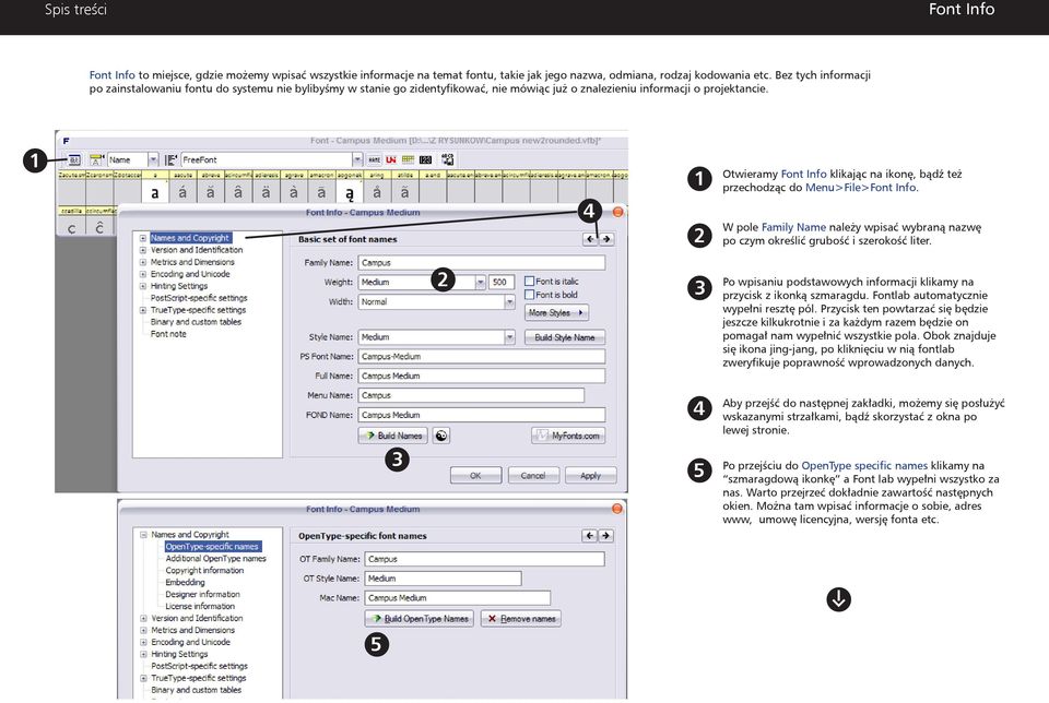 Otwieramy Font Info klikając na ikonę, bądź też przechodząc do Menu>File>Font Info. W pole Family Name należy wpisać wybraną nazwę po czym określić grubość i szerokość liter.