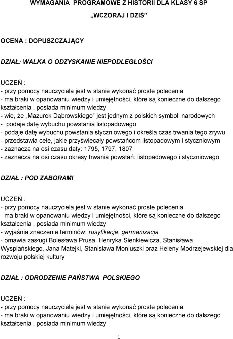 wybuchu powstania listopadowego - podaje datę wybuchu powstania styczniowego i określa czas trwania tego zrywu - przedstawia cele, jakie przyświecały powstańcom listopadowym i styczniowym - zaznacza