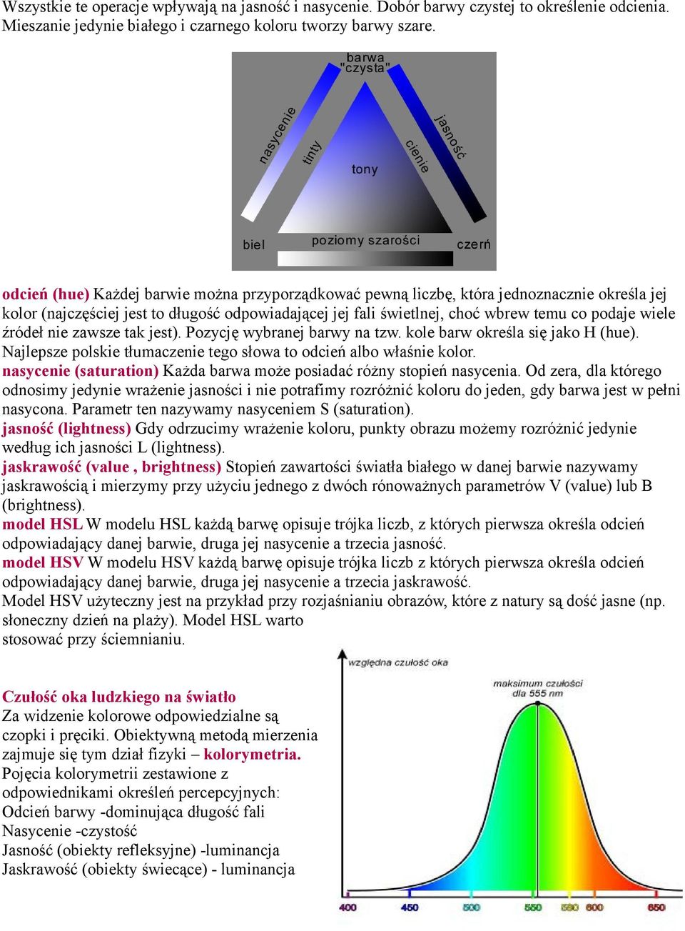 źródeł nie zawsze tak jest). Pozycję wybranej barwy na tzw. kole barw określa się jako H (hue). Najlepsze polskie tłumaczenie tego słowa to odcień albo właśnie kolor.
