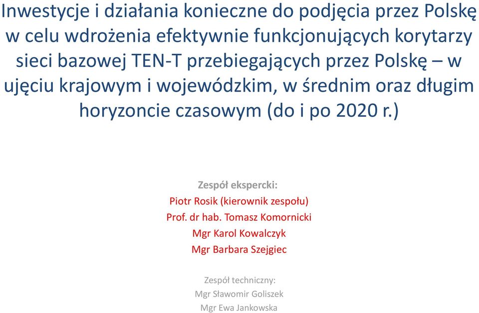 długim horyzoncie czasowym (do i po 2020 r.) Zespół ekspercki: Piotr Rosik (kierownik zespołu) Prof. dr hab.