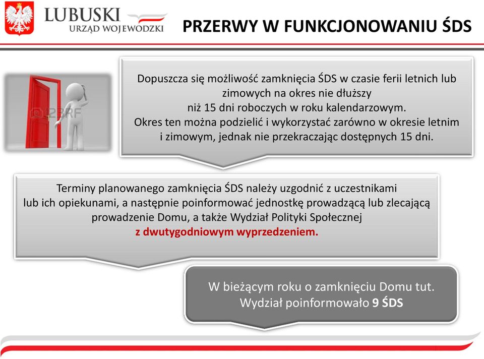 Terminy planowanego zamknięcia ŚDS należy uzgodnid z uczestnikami lub ich opiekunami, a następnie poinformowad jednostkę prowadzącą lub zlecającą