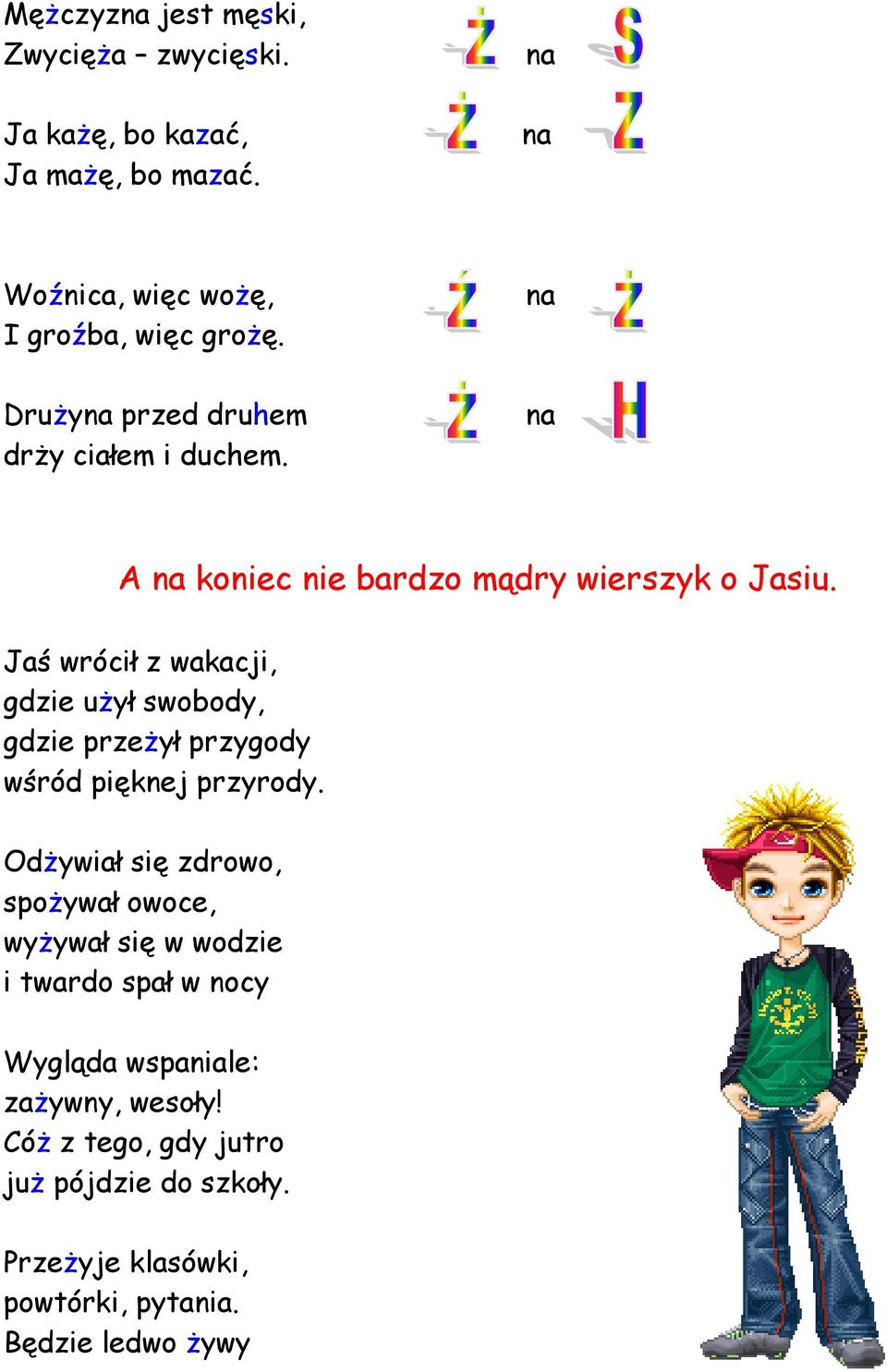 Jaś wrócił z wakacji, gdzie użył swobody, gdzie przeżył przygody wśród pięknej przyrody.