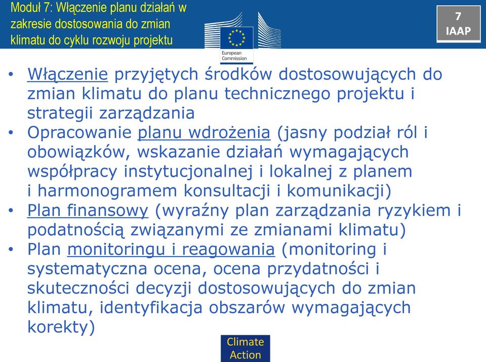 lokalnej z planem i harmonogramem konsultacji i komunikacji) Plan finansowy (wyraźny plan zarządzania ryzykiem i podatnością związanymi ze zmianami klimatu) Plan