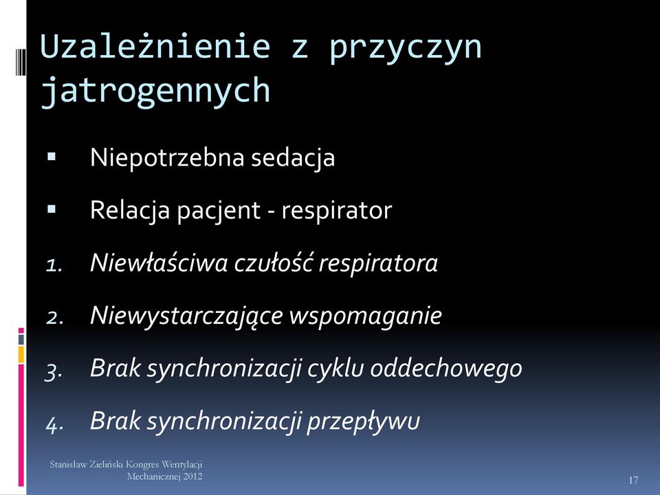 Niewystarczające wspomaganie 3. Brak synchronizacji cyklu oddechowego 4.