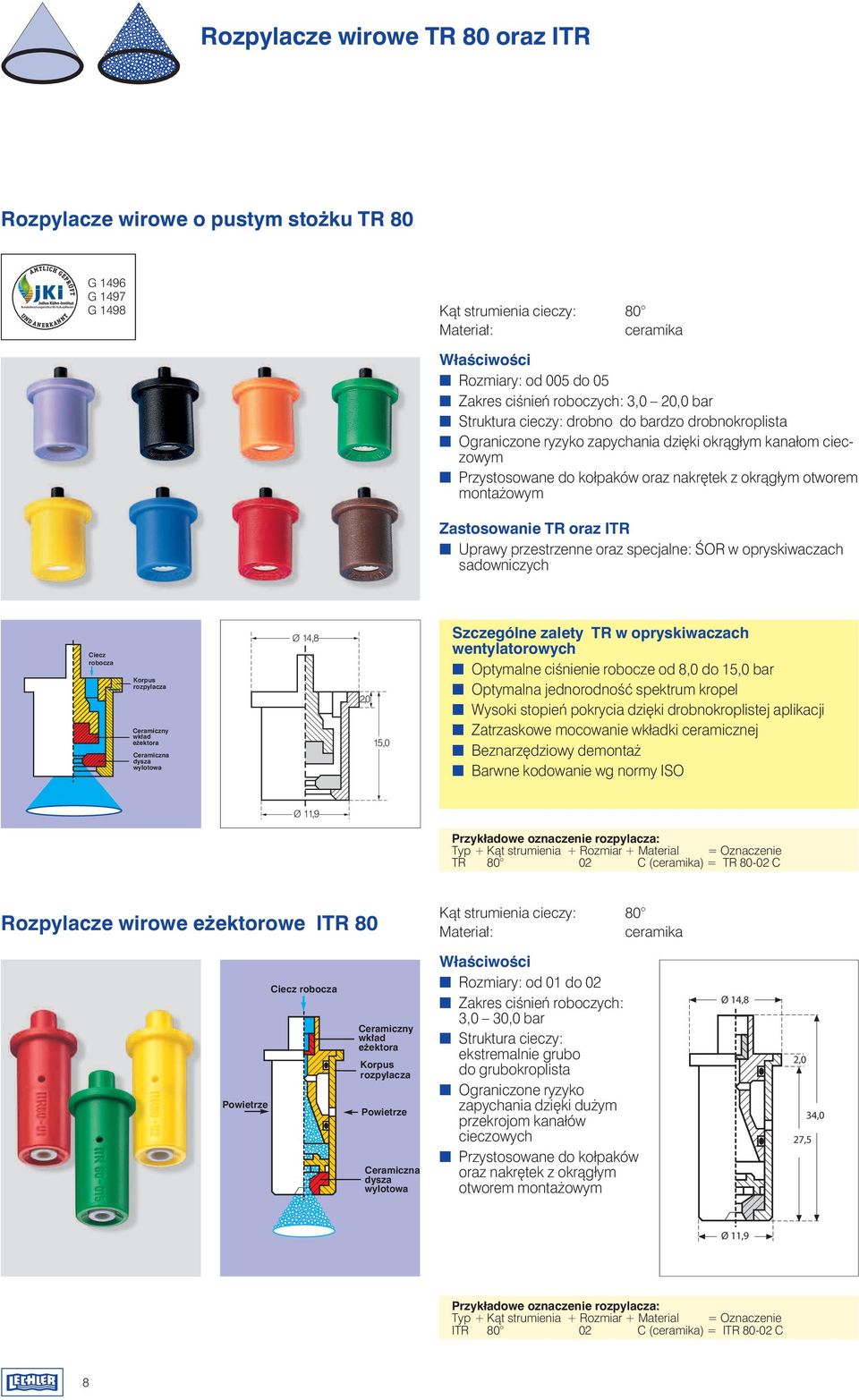 Zastosowanie TR oraz ITR Uprawy przestrzenne oraz specjalne: ÂOR w opryskiwaczach sadowniczych Ciecz robocza Korpus rozpylacza Ceramiczny wkład eżektora Ceramiczna dysza wylotowa Ø 14,8 2,0 15,0