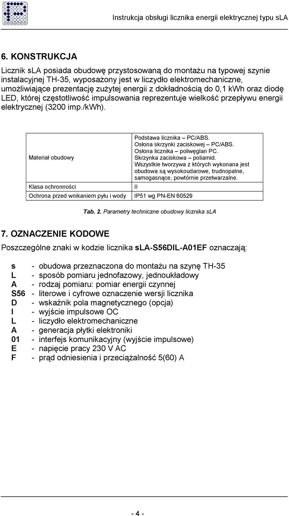 Materiał obudowy Klasa ochronności Podstawa licznika PC/ABS. Osłona skrzynki zaciskowej PC/ABS. Osłona licznika poliwęglan PC. Skrzynka zaciskowa poliamid.