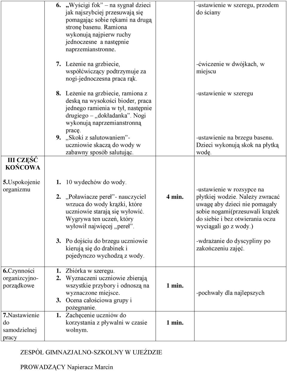 Leżenie na grzbiecie, ramiona z deską na wysokości bioder, praca jednego ramienia w tył, następnie drugiego dokładanka. Nogi wykonują naprzemianstronną pracę. 9.