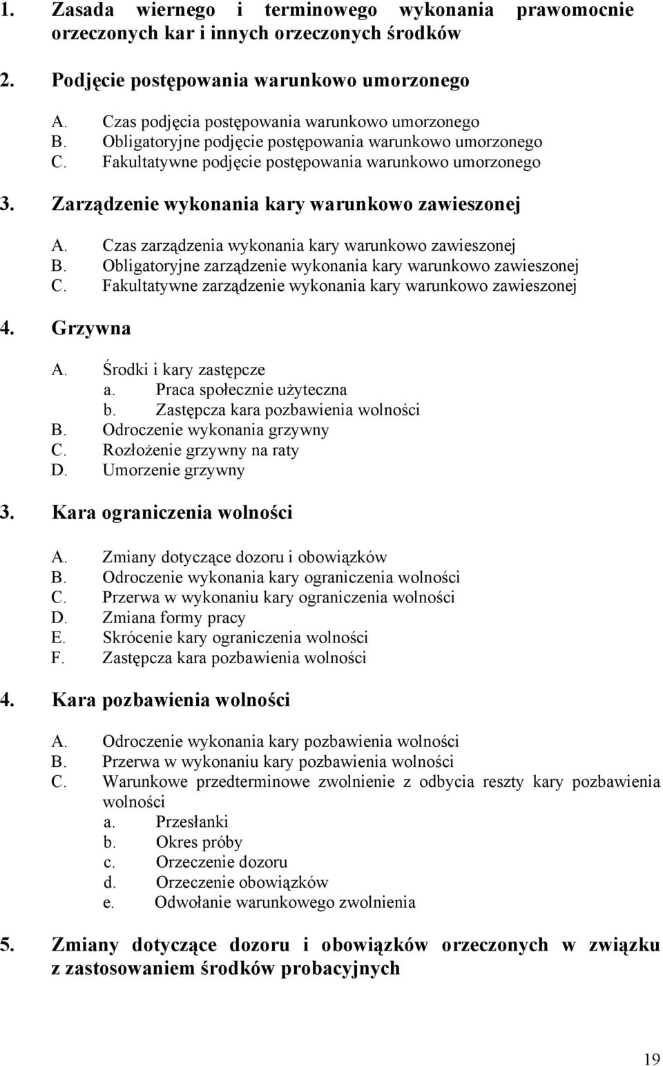 Czas zarządzenia wykonania kary warunkowo zawieszonej B. Obligatoryjne zarządzenie wykonania kary warunkowo zawieszonej C. Fakultatywne zarządzenie wykonania kary warunkowo zawieszonej 4. Grzywna A.