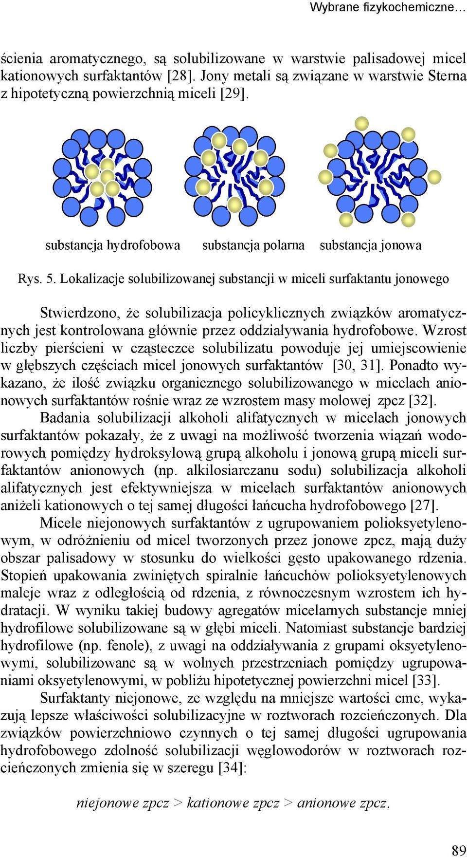 Lokalizacje solubilizowanej substancji w miceli surfaktantu jonowego Stwierdzono, że solubilizacja policyklicznych związków aromatycznych jest kontrolowana głównie przez oddziaływania hydrofobowe.