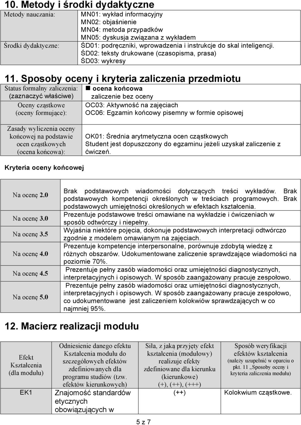 Sposoby oceny i kryteria zaliczenia przedmiotu Status formalny zaliczenia: (zaznaczyć właściwe) Oceny cząstkowe (oceny formujące): ocena końcowa zaliczenie bez oceny OC03: Aktywność na zajęciach