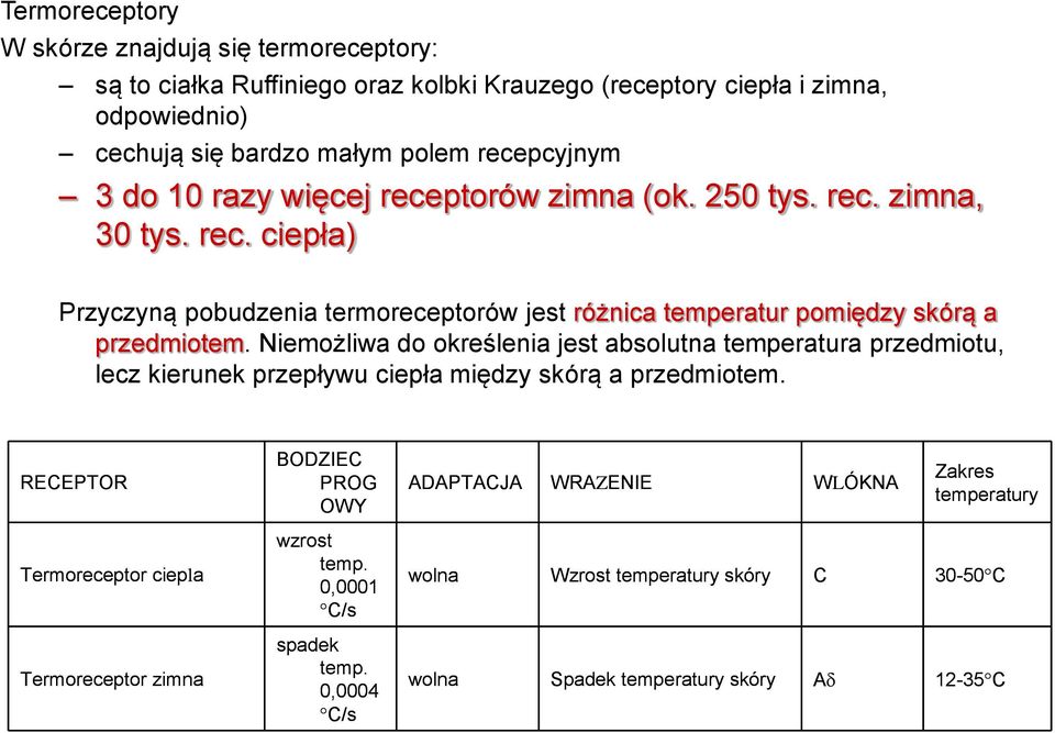 Niemożliwa do określenia jest absolutna temperatura przedmiotu, lecz kierunek przepływu ciepła między skórą a przedmiotem.