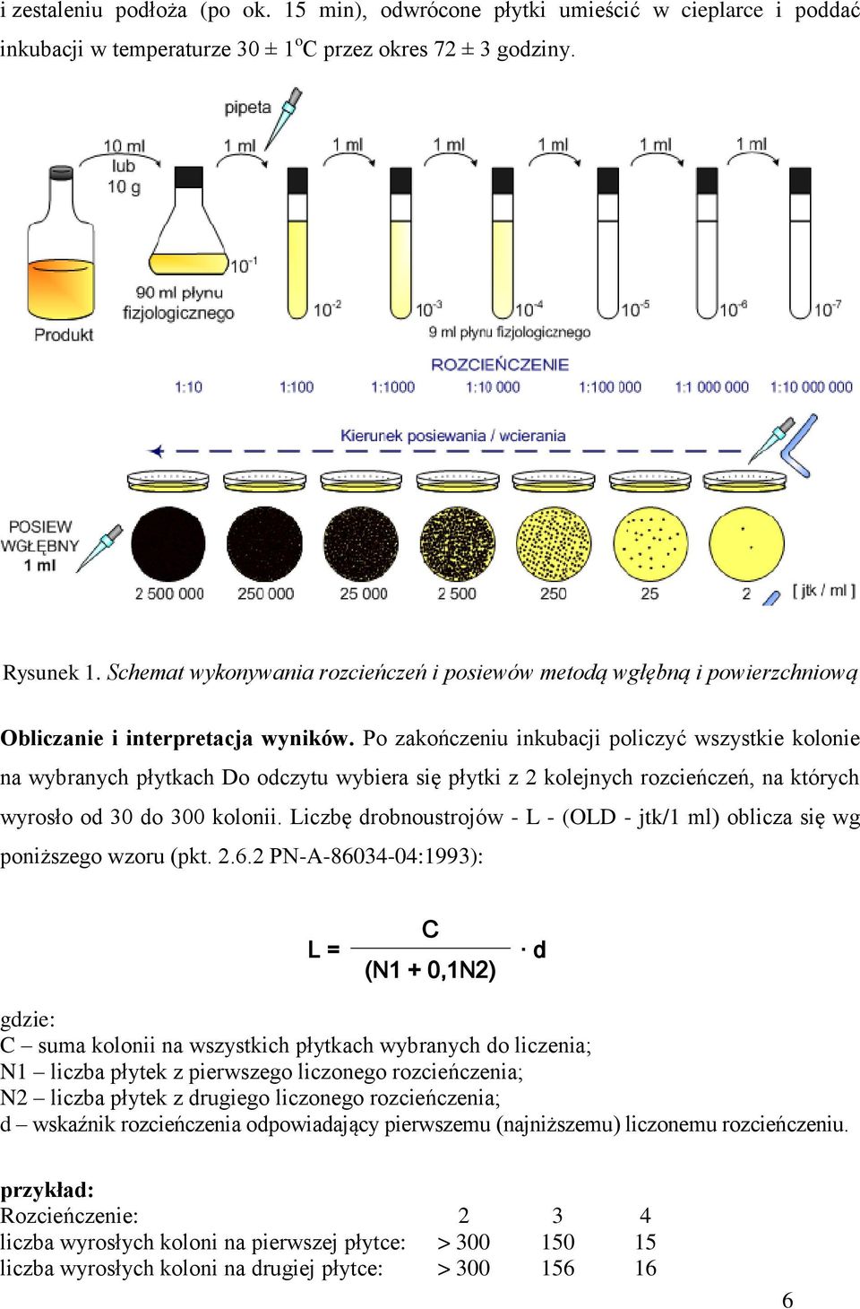 Po zakończeniu inkubacji policzyć wszystkie kolonie na wybranych płytkach Do odczytu wybiera się płytki z 2 kolejnych rozcieńczeń, na których wyrosło od 30 do 300 kolonii.