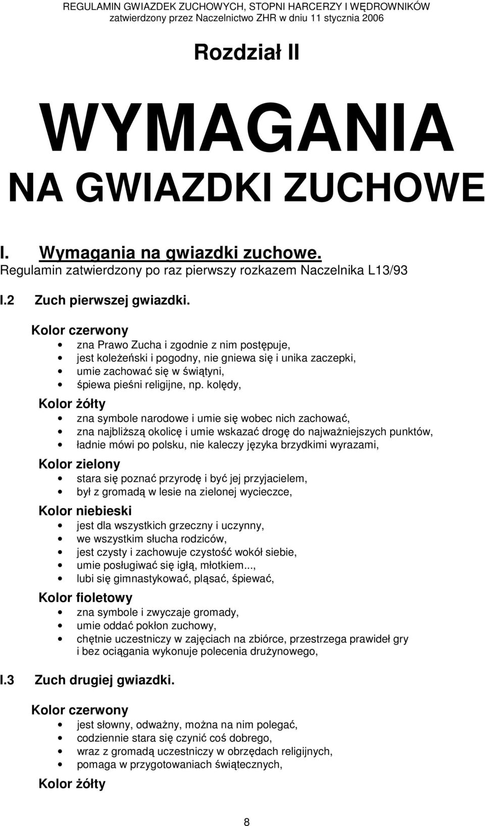 kolędy, Kolor żółty zna symbole narodowe i umie się wobec nich zachować, zna najbliższą okolicę i umie wskazać drogę do najważniejszych punktów, ładnie mówi po polsku, nie kaleczy języka brzydkimi