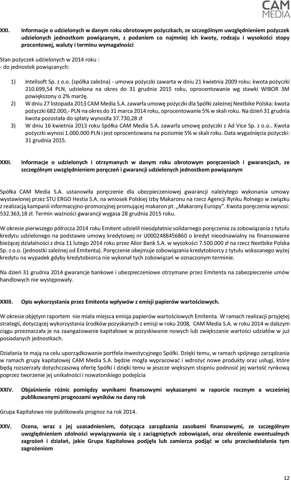 699,54 PLN, udzielona na okres do 31 grudnia 2015 roku, oprocentowanie wg stawki WIBOR 3M powiększony o 2% marżę. 2) W dniu 27 listopada 2013 CAM