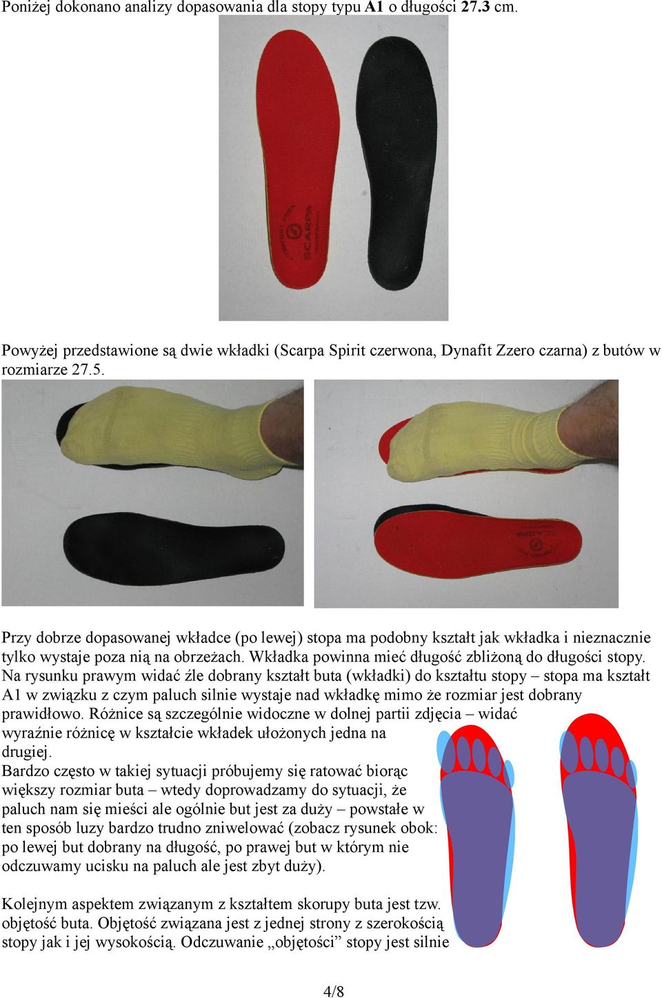 Na rysunku prawym widać źle dobrany kształt buta (wkładki) do kształtu stopy stopa ma kształt A1 w związku z czym paluch silnie wystaje nad wkładkę mimo że rozmiar jest dobrany prawidłowo.