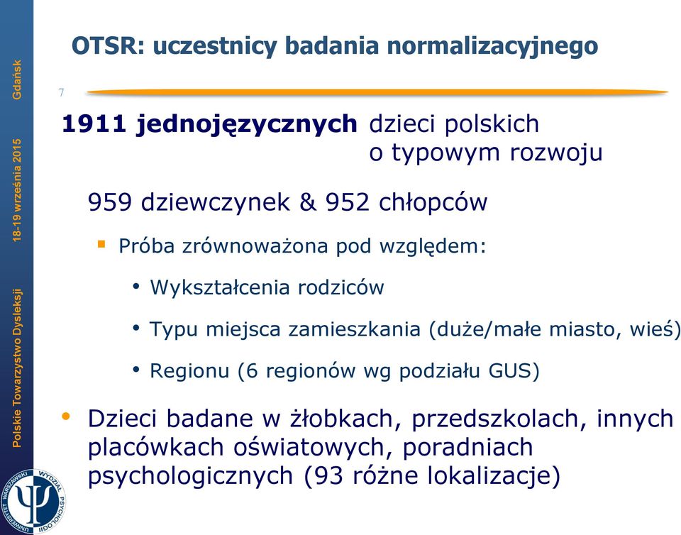 miejsca zamieszkania (duże/małe miasto, wieś) Regionu (6 regionów wg podziału GUS) Dzieci badane w