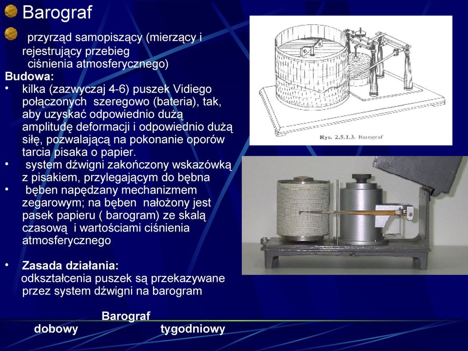 system dźwigni zakończony wskazówką z pisakiem, przylegającym do bębna bęben napędzany mechanizmem zegarowym; na bęben nałożony jest pasek papieru ( barogram)