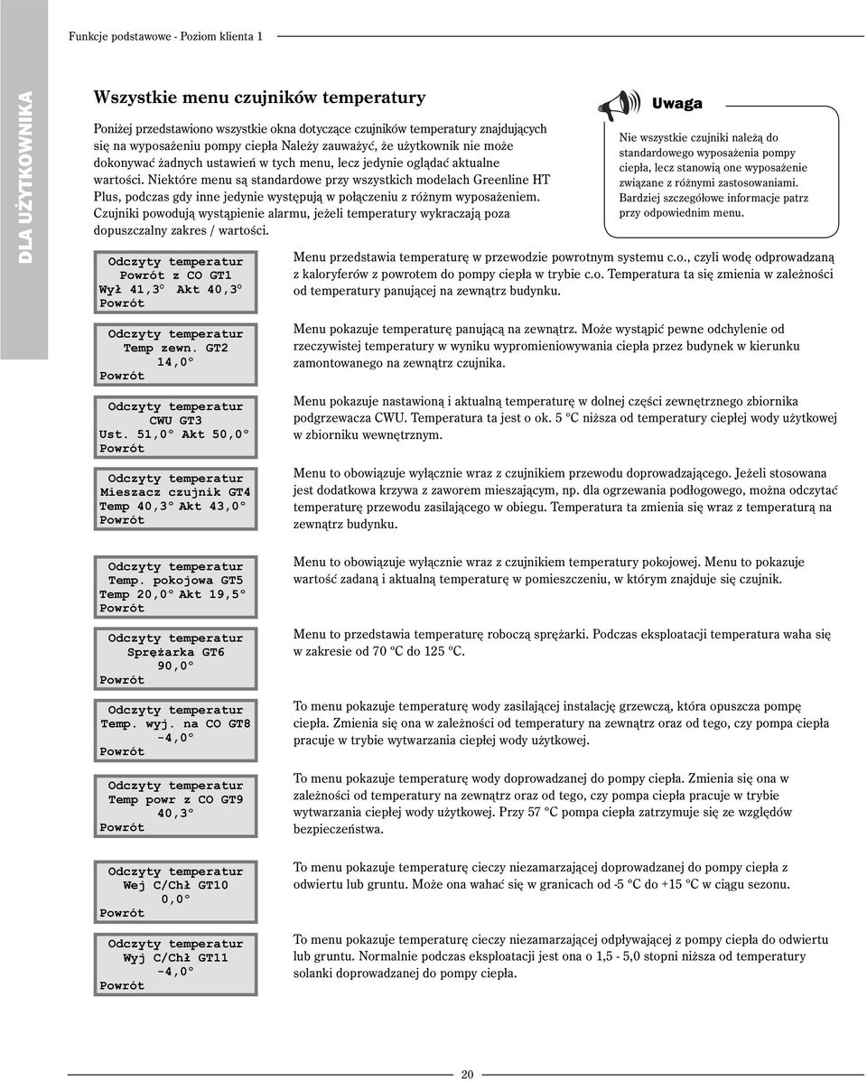 Niektóre menu są standardowe przy wszystkich modelach Greenline HT Plus, podczas gdy inne jedynie występują w połączeniu z różnym wyposażeniem.