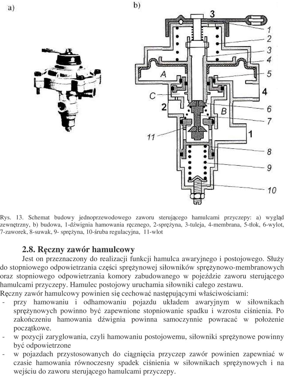 8-suwak, 9- spryna, 10-ruba regulacyjna, 11-wlot 2.8. Rczny zawór hamulcowy Jest on przeznaczony do realizacji funkcji hamulca awaryjnego i postojowego.